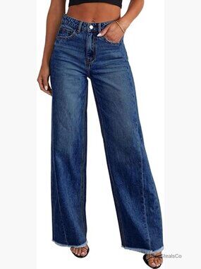 High Waisted Wide Leg Jeans Stretchy Raw Hem Palazzo Pants